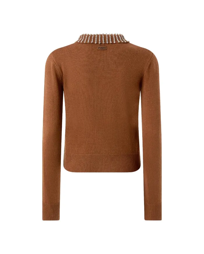 PINKO Maglia Donna 105530 A2S4 VENTOTENE AI 25/26 viscosa con colletto dotata di strass applicate L81 MARRONE