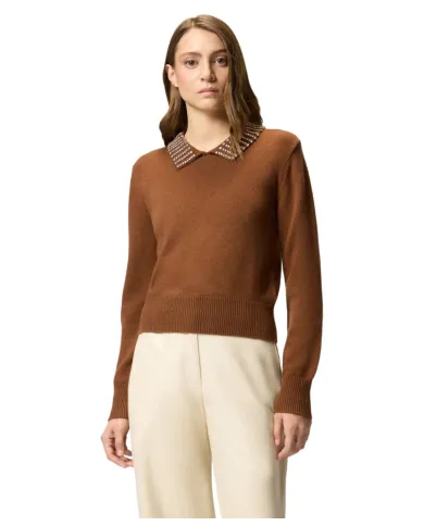 PINKO Maglia Donna 105530 A2S4 VENTOTENE AI 25/26 viscosa con colletto dotata di strass applicate L81 MARRONE