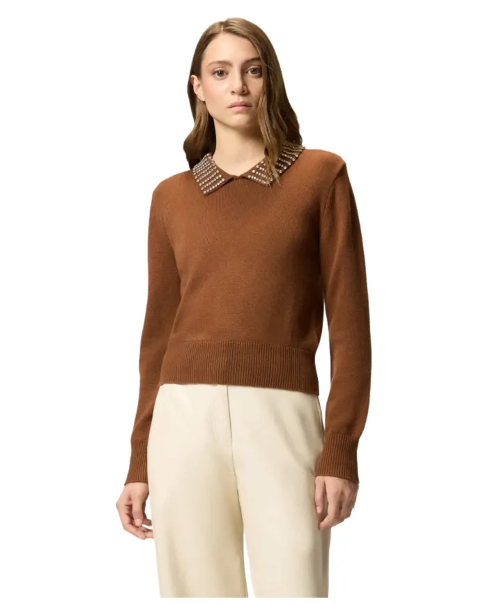 PINKO Maglia Donna 105530 A2S4 VENTOTENE AI 25/26 viscosa con colletto dotata di strass applicate L81 MARRONE