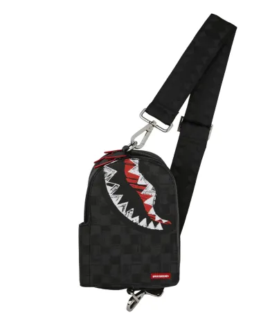 SPRAYGROUND Marsupio Uomo 910B8227NSZ SCRIBBLE SHARK AI 25/26 con tracolla e stampa check shark 05 CHECK BLACK