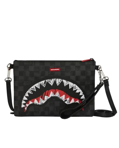 SPRAYGROUND Borsello Uomo 910B8229NSZ SCRIBBLE SHARK CROSSOVER AI 25/26 con stampa check e shark 01 BLACK