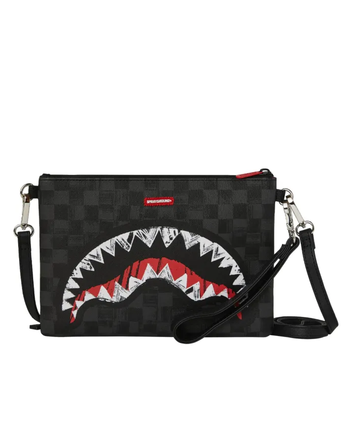 SPRAYGROUND Borsello Uomo 910B8229NSZ SCRIBBLE SHARK CROSSOVER AI 25/26 con stampa check e shark 01 BLACK