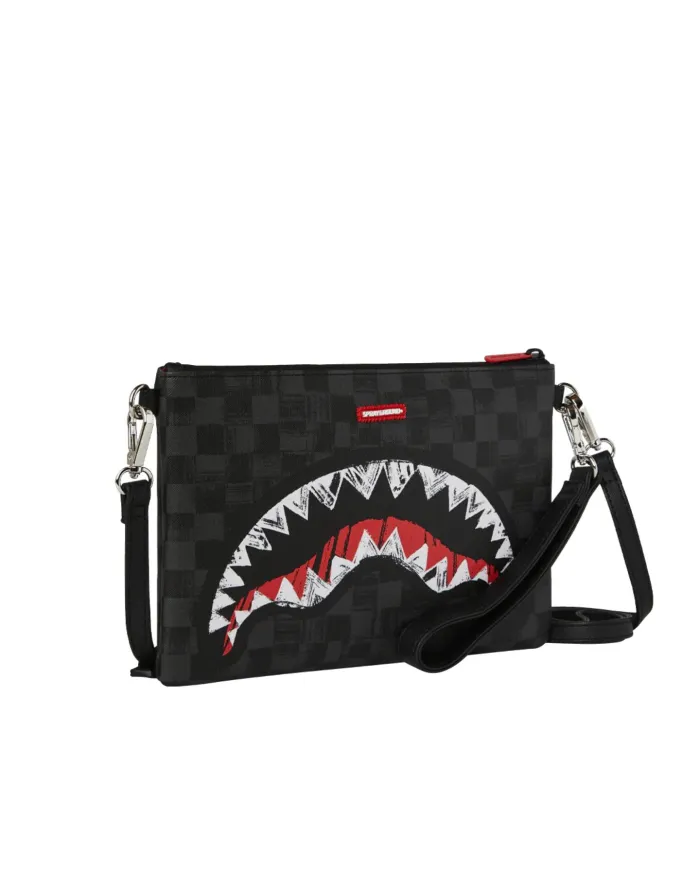 SPRAYGROUND Borsello Uomo 910B8229NSZ SCRIBBLE SHARK CROSSOVER AI 25/26 con stampa check e shark 01 BLACK