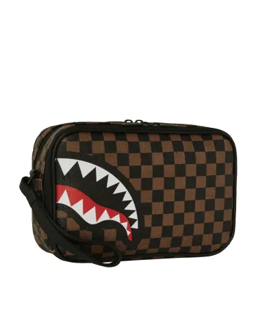 SPRAYGROUND Pochette Uomo 910B8238NSZ CHECK 2 EMBOSS TOILETRY BAG AI 25/26 con stampa check e shark 06 CHECK BROWN
