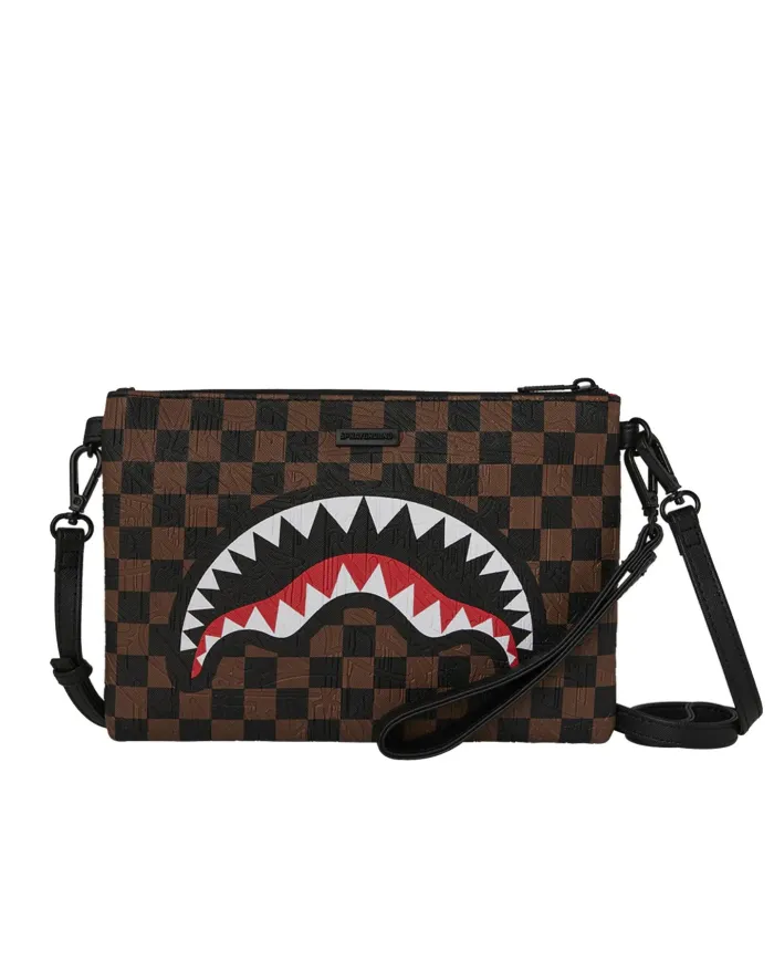 SPRAYGROUND Tracolla Donna 910B8239NSZ CHECK 2 EMBOSS CROSSOVER AI 25/26 con stampa check e shark 06 CHECK BROWN