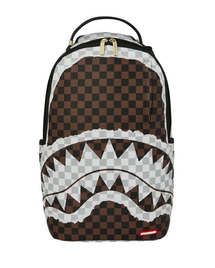 SPRAYGROUND Zaino Uomo 910B8290NSZ CREAM AND BROWN TEAR CHECK AI 25/26 con stampa check e shark 06 CHECK BROWN