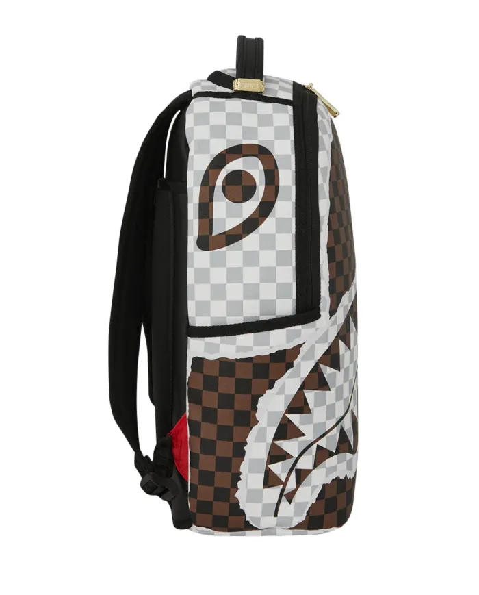 SPRAYGROUND Zaino Uomo 910B8290NSZ CREAM AND BROWN TEAR CHECK AI 25/26 con stampa check e shark 06 CHECK BROWN
