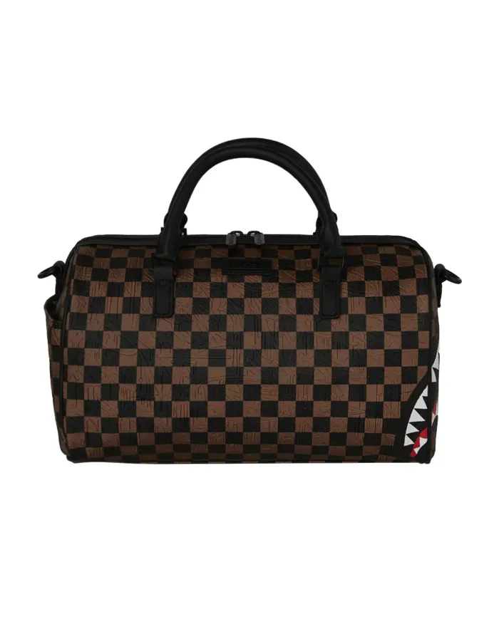SPRAYGROUND Borsa Donna 910D8236NSZ CHECK 2 EMBOSS MINI DUFFLE AI 25/26 con stampa check e patch shark 06 CHECK BROWN