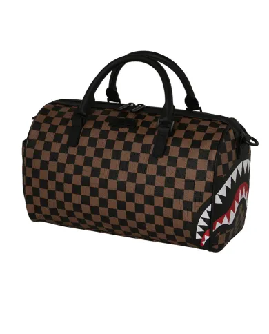 SPRAYGROUND Borsa Donna 910D8236NSZ CHECK 2 EMBOSS MINI DUFFLE AI 25/26 con stampa check e patch shark 06 CHECK BROWN