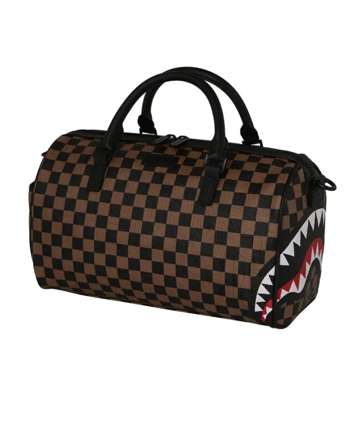 SPRAYGROUND Borsa Donna 910D8236NSZ CHECK 2 EMBOSS MINI DUFFLE AI 25/26 con stampa check e patch shark 06 CHECK BROWN