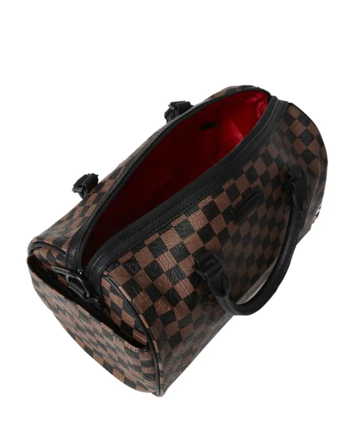 SPRAYGROUND Borsa Donna 910D8236NSZ CHECK 2 EMBOSS MINI DUFFLE AI 25/26 con stampa check e patch shark 06 CHECK BROWN